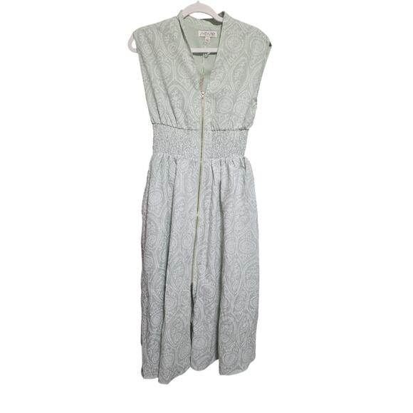She + Sky Sage Green Paisley Midi Dress Front Zip Smocked Waist Sleeveless S - Picture 2 of 7
